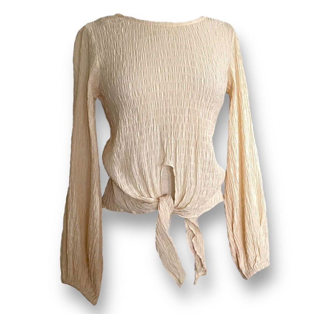 Sovere Womens Top XS Cream Smocked Tie Front Balloon Sleeve Boho Blouse Shirt